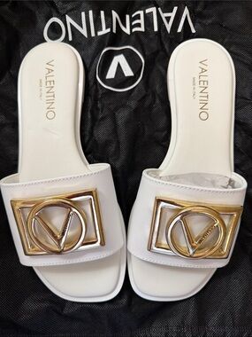 Valentino White Leather Slide with Gold V Logo Plaques